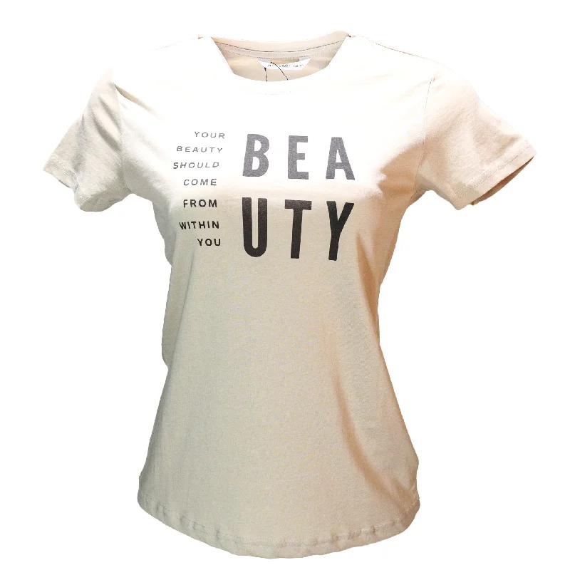 Beige Beauty Printed T Shirt Asymmetrical Pockets Print