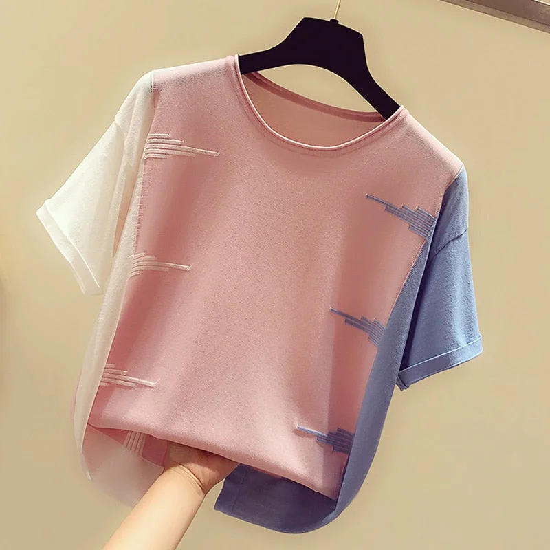 Casual Woman T-Shirts | Women Sports Short Sleeve | Beach Shirt | O-Neck T Shirts | Summer Thin Knitted T-Shirt | Hit Color Tops Tee Shirt Notch Collar Peter Pan Collar Cowl Neck