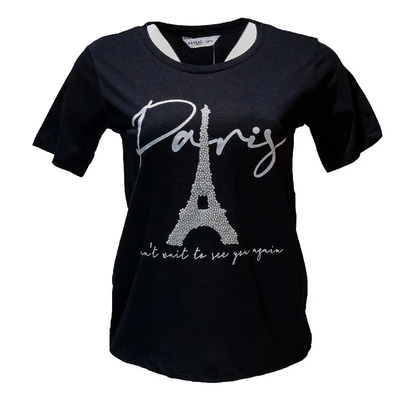 Black Paris Pearl Embellished T Shirt Thin T-Shirt Open Front Quick Dry