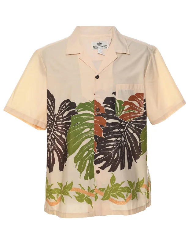 Leafy Print Hawaiian Shirt - L Mesh Blend Leather Blend Suede Blend