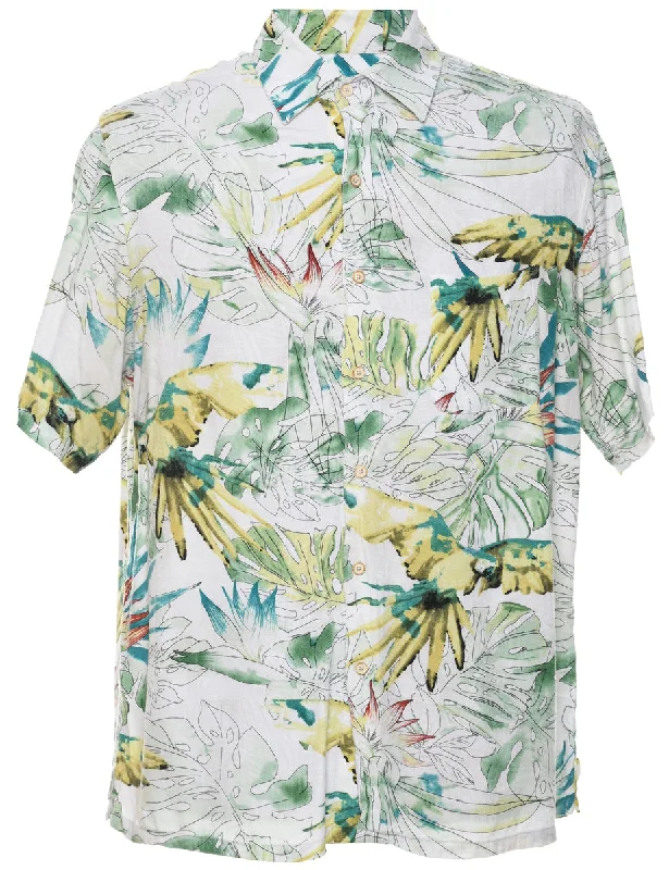 Leafy Print Hawaiian Shirt - M Wool Fabric Cashmere Fabric Tweed Fabric