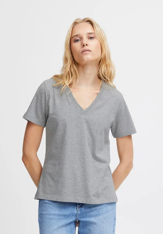Ichi Palmer V-Neck T-Shirt, Grey Melange Collared T-Shirt Boat Neck A-Line