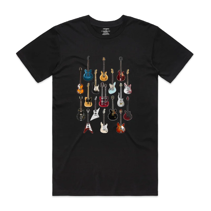 Isthatso Cotton Graphic T Shirt - Famous Guitars - Black Collared Crew Neck Turtle Neck