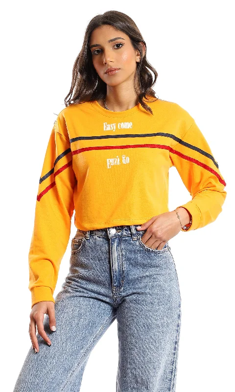 98105 "Easy Come Easy Go" Cropped Long Sleeves T-Shirt - Orange Fleece Nylon Spandex