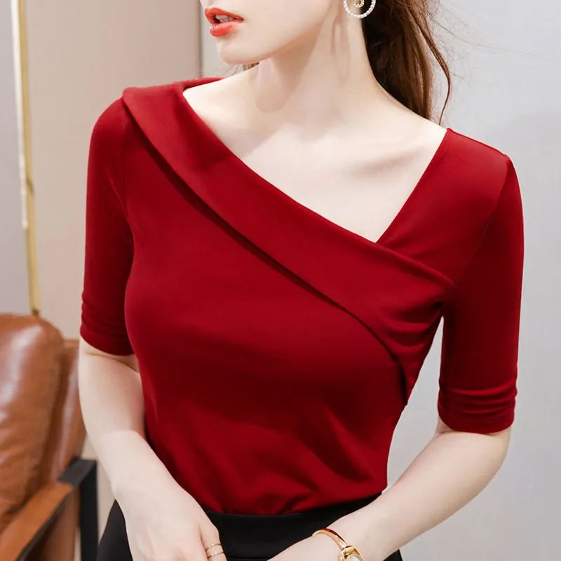 Women's Skew Collar Sheath Blouse Fashion Designer T-Shirts Mesh Blend Leather Blend Suede Blend