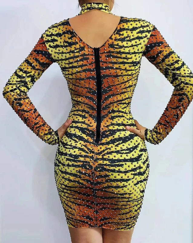 AD1364 Full Beaded Animal Tiger Print Bodysuit Party Mini Dress Vestidos Para Mujer Sexy Dancing Girl Costume Fashionable V-Neck Bodysuit