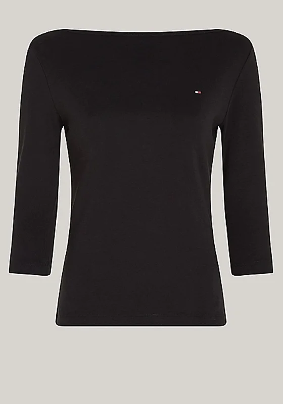 Tommy Hilfiger Womens Boat Neck Slim Fit T-Shirt, Black Elasticated Padded Insulated