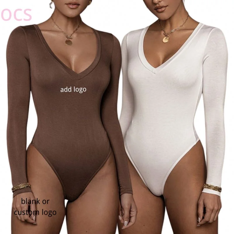 Womens Fall Clothing 2022 Custom Logo Women V Neck Bodysuits Seamless Long Sleeve Polyester Bodysuits For Women Cozy Fit Bodysuit