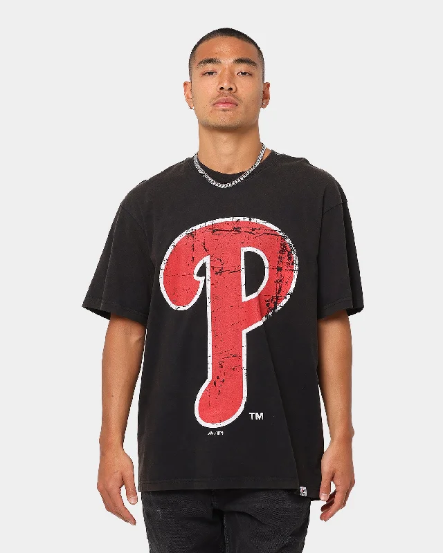 Mitchell & Ness Philadelphia Phillies Big Logo Vintage T-Shirt Black Hooded Caped Shawl Collar Mitchell & Ness Philadelphia Phillies Big Logo Vintage T-Shirt Black Hooded Caped Shawl Collar