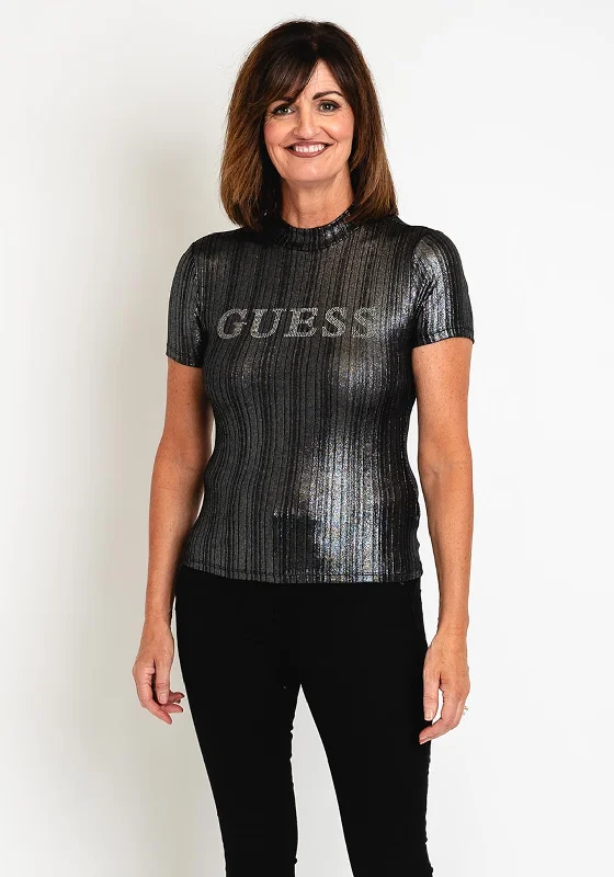 Guess Womens Shimmer Stripped T-Shirt, Black Notch Collar Peter Pan Collar Cowl Neck Guess Womens Shimmer Stripped T-Shirt, Black Notch Collar Peter Pan Collar Cowl Neck