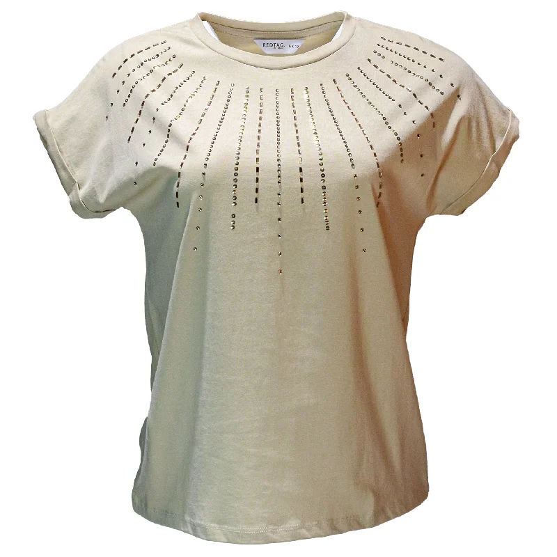 Beige Rolled Sleeves With Embellishement T Shirt Mesh Blend Leather Blend Suede Blend