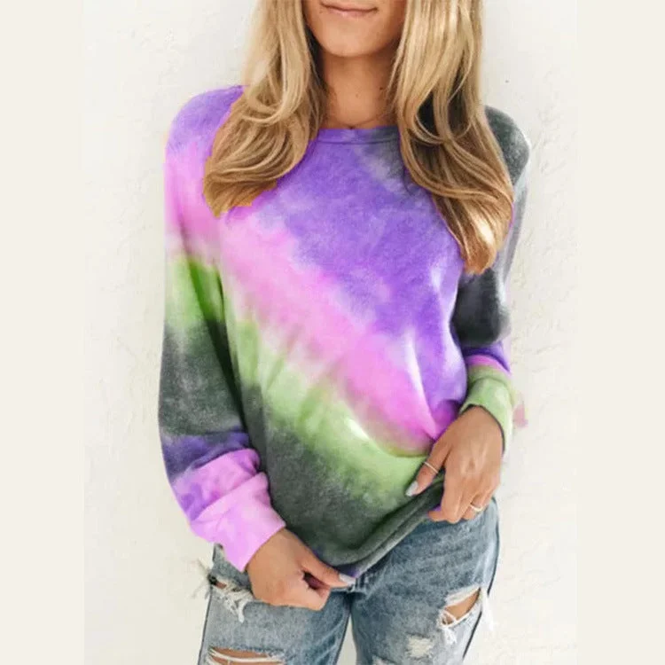 Fashion Tie Dye Rainbow Casual Long Sleeve T-shirt for Women Cozy Warm Stylish