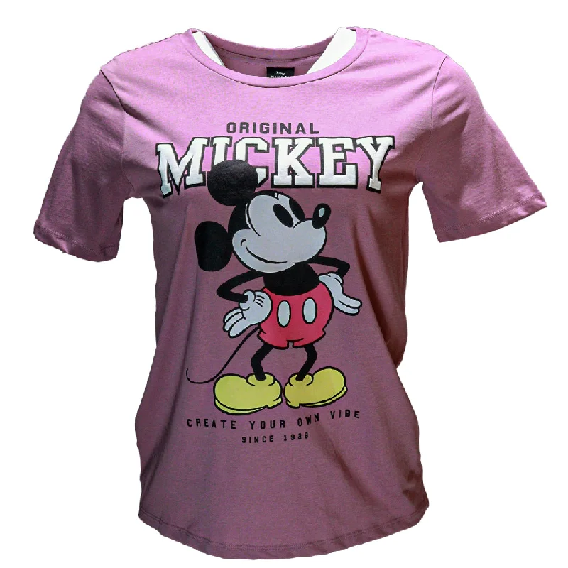 Mauve Mickey Printed T Shirt Lace Blend Ribbed Blend Corduroy Blend