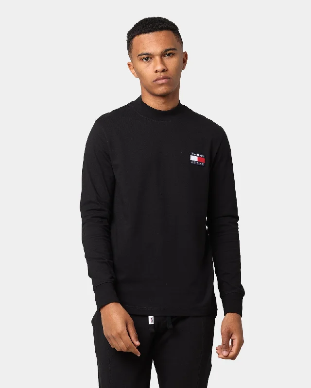 Tommy Jeans Badge Mock Neck Long Sleeve T-Shirt Black Ribbed Striped Patterned