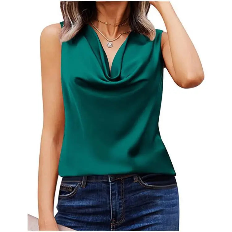 2024 New Summer Satin Crew Neck Vest Casual Halters Sleeveless Shirt  Solid Color Loose Women shirt Hooded Caped Shawl Collar