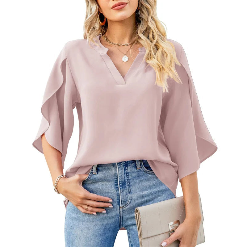 Women's Ruffled Sleeve Top Fashion Designer Blouse Chiffon T-Shirts Cashmere Blend Cotton Blend Poly Blend