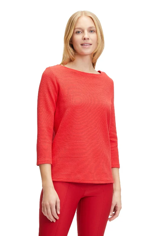 Betty Barclay Round Neck Jacquard T-Shirt, Red Satin Blend Silk Blend Wool Blend