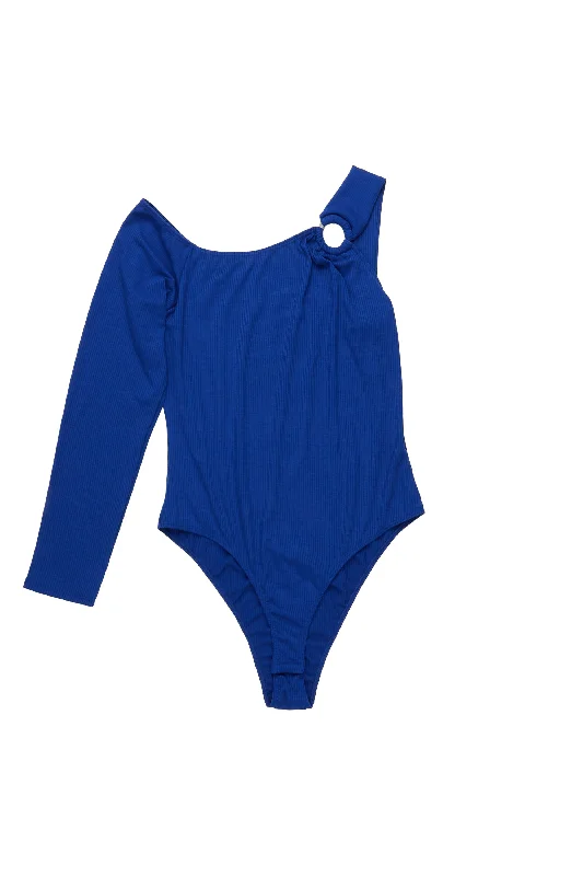 Kaley-C Bodysuit-Royal Blue Trendy Bodysuit with Halter Neckline