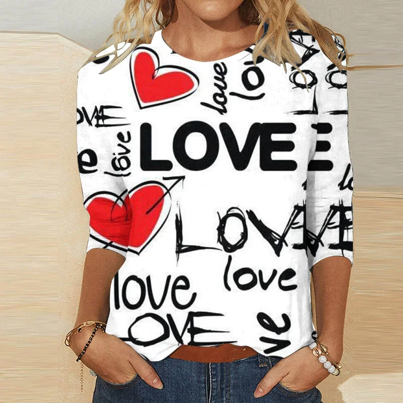 Valentine's Day Female With Hearts Printing Crew Neck T-shirt Top Mesh Canvas Denim