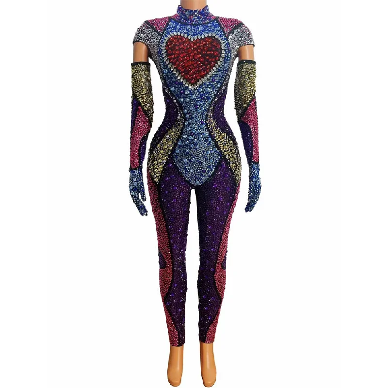 AD1469 Kimshein Luxury Clothing Women Handmade Crystal Playsuit Bodysuits Long Sleeve Colorful Rhinestone Big Diamond Jumpsuits Elegant Satin Bodysuit