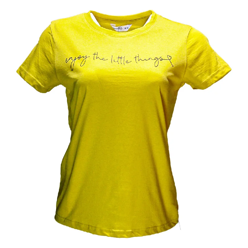 Yellow Printed T Shirt Notch Collar Peter Pan Collar Cowl Neck