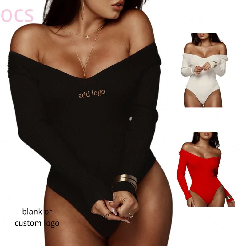 Women Clothing 2022 Custom Logo Deep V Neck Bodysuits Ribbed Long Sleeve Bodysuit Knit Polyester Tight Bodysuits Fall Fashionable Bodysuit with Button Detail