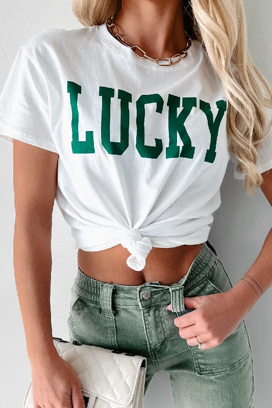 A Lucky Life Graphic T-Shirt (White) Ribbed Striped Patterned