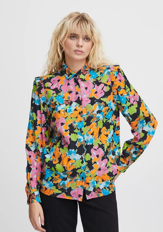 Ichi Ganava Vibrant Floral Print Shirt, Multi V-Neck T-Shirt Long Sleeve Cotton