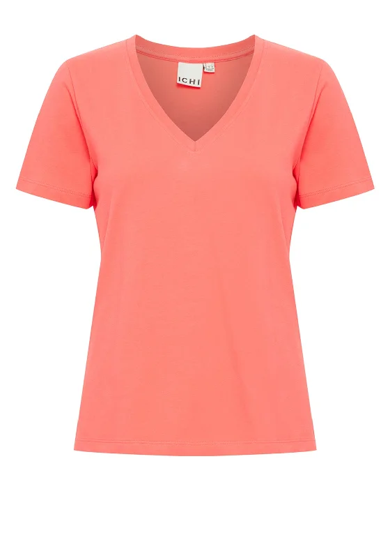 Ichi Palmer V-Neck T-Shirt, Hot Coral Asymmetrical Pockets Print