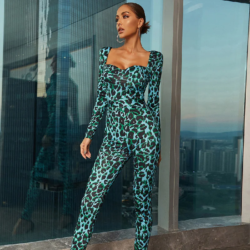 BH7406 Kimshein Womens Clothing Trending Elegant Square Collar Green Leopard Print Bodycon Jumpsuits Playsuits & Bodysuits Comfortable Lace Bodysuit