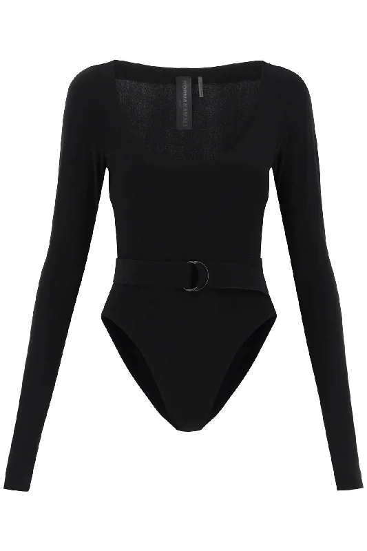 belted long-sleeved bodysuit KK423BPLC16001 BLACK Chic Bodysuit with Ruffles