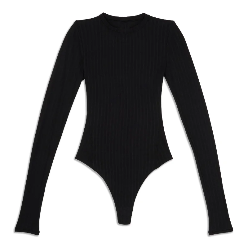 Wundermost Ribbed Wool Crewneck Long-Sleeve Bodysuit - Resale Trendy Sheer Lace Bodysuit