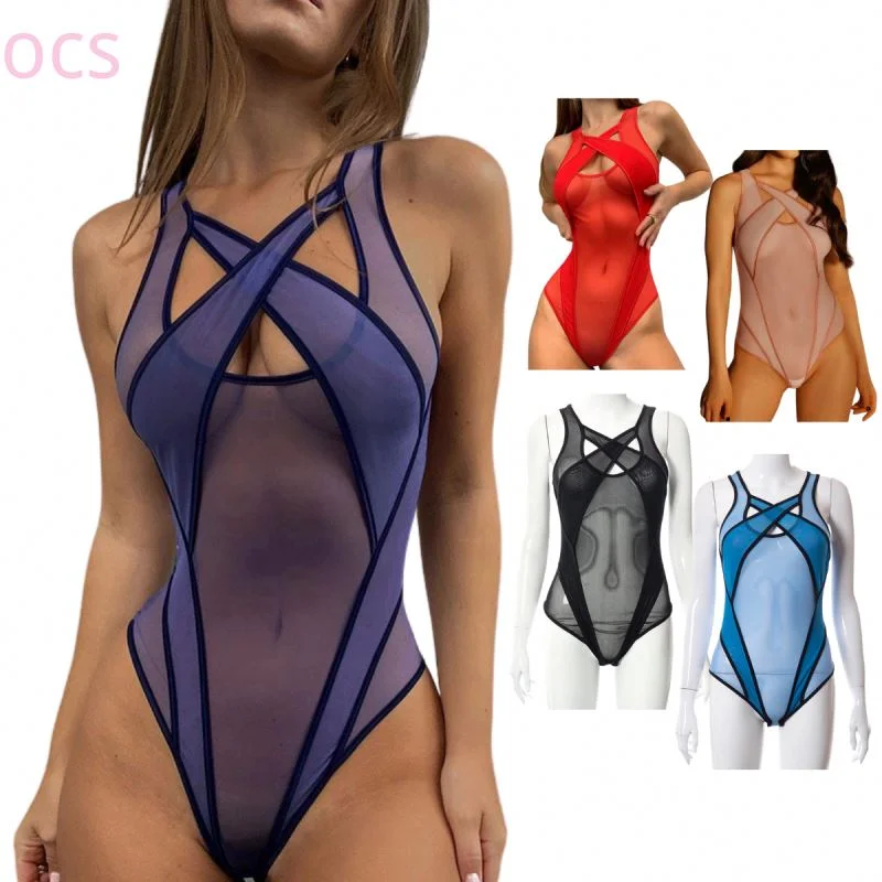 Fashion Women Custom Mesh See Through Bodysuits Hollow Out Sleeveless Cross Polyester Bodysuits For Women 2022 Trendy Scoop Neck Bodysuit