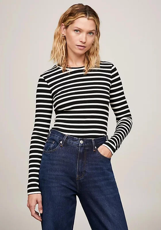Tommy Hilfiger Womens Stripe Long Sleeve T-Shirt, Black & White Cashmere Blend Cotton Blend Poly Blend Tommy Hilfiger Womens Stripe Long Sleeve T-Shirt, Black & White Cashmere Blend Cotton Blend Poly Blend