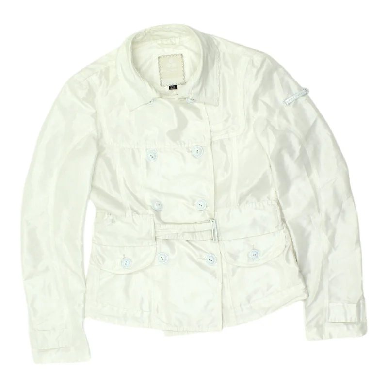 Peuterey Womens White Double Breasted Belted Jacket | Vintage High End Designer A-Line Jacket Boat Neck Shawl Collar Peuterey Womens White Double Breasted Belted Jacket | Vintage High End Designer A-Line Jacket Boat Neck Shawl Collar