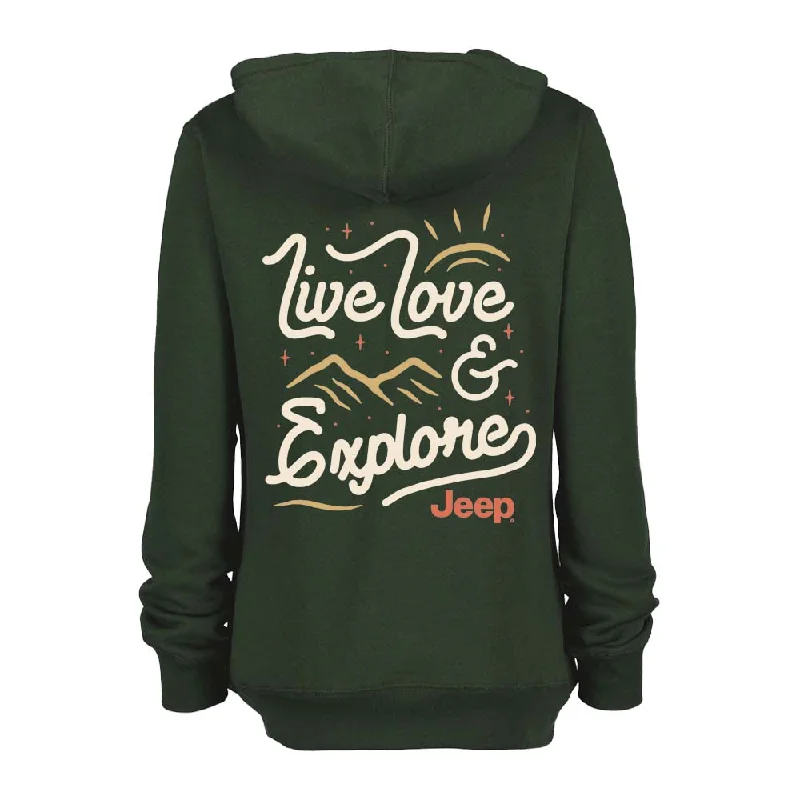 Ladies Jeep® Live Love Explore Zip-Hoodie - Olive Green Hoodie with Hem Frayed Vintage Worn Ladies Jeep® Live Love Explore Zip-Hoodie - Olive Green Hoodie with Hem Frayed Vintage Worn