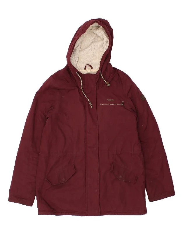 BILLABONG Womens Hooded Windbreaker Jacket UK 12 Medium Maroon Polyester Front Pockets Side Pockets Patch Pockets BILLABONG Womens Hooded Windbreaker Jacket UK 12 Medium Maroon Polyester Front Pockets Side Pockets Patch Pockets