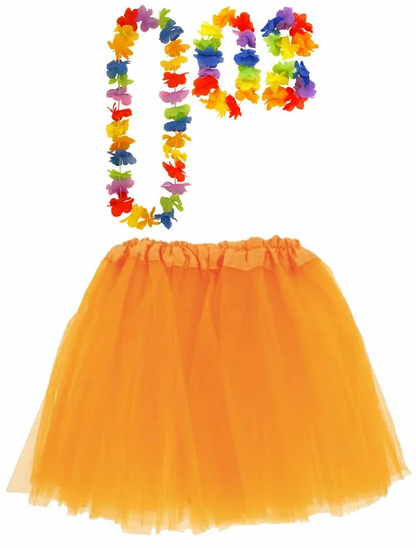 Orange Tutu Net Skirt with Satin Band Hula Lei Set Hawaiian Beach Party Costume velvet skirt plush