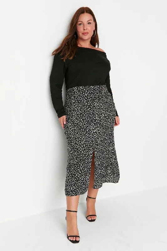 Black and White Patterned Slit Viscose Woven Skirt TBBAW23AZ00032 velvet skirt sumptuous