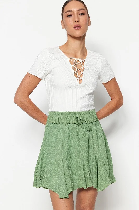 Green Skirt Frilled Normal Waist Crepe Mini Knitted Skirt TWOSS21ET0056 silk skirt sleek