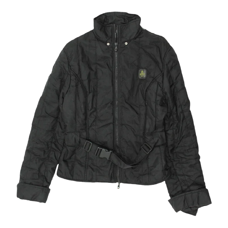 Refrigiwear Womens Black Padded Belted Jacket | Vintage High End Designer VTG Zippered Front Buttoned Front Snap Front Refrigiwear Womens Black Padded Belted Jacket | Vintage High End Designer VTG Zippered Front Buttoned Front Snap Front