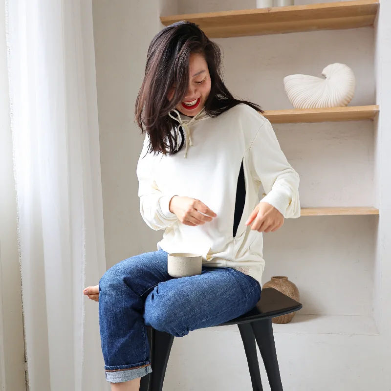 Bamboo Breastfeeding Hoodie - Ivory Hoodie with Raw Hem Edgy Unfinished