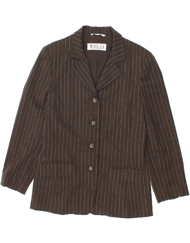 MARELLA Womens 4 Button Blazer Jacket UK 10 Small  Brown Striped Nylon Jacket Polyester Jacket Spandex Jacket