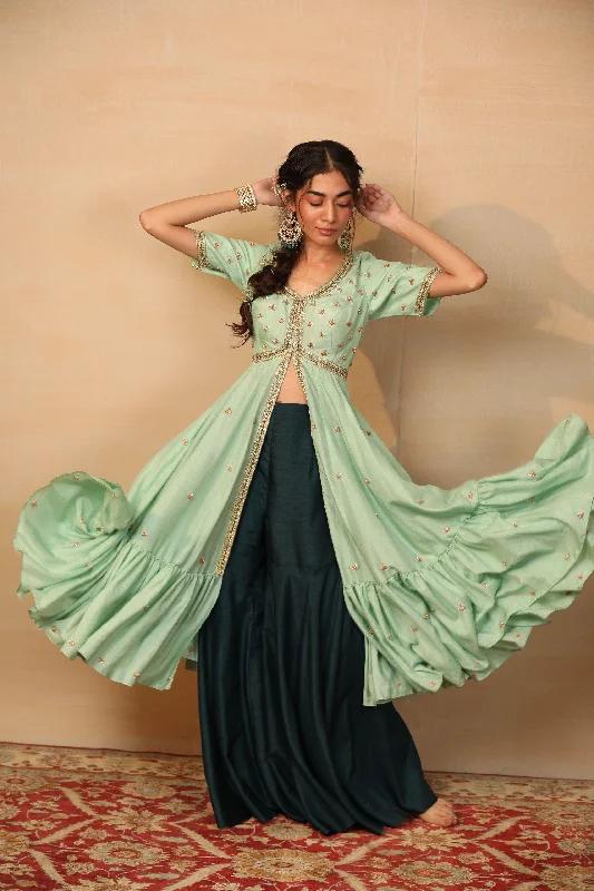 Designer Rashika's Mint and Dark Green Tiered Jacket Sharara for Rent Tailored Jacket Straight Jacket A-Line Jacket