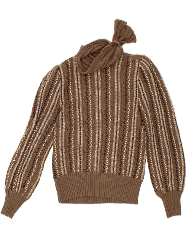VINTAGE Womens Roll Neck Jumper Sweater IT 44 Medium Brown Striped Transparent Opaque Sheer VINTAGE Womens Roll Neck Jumper Sweater IT 44 Medium Brown Striped Transparent Opaque Sheer