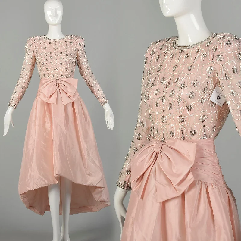 XS 1980s Victoria Royal Evening Gown Hi-Lo Skirt Beaded Pearl Bodice Pink Taffeta leather skirt durable