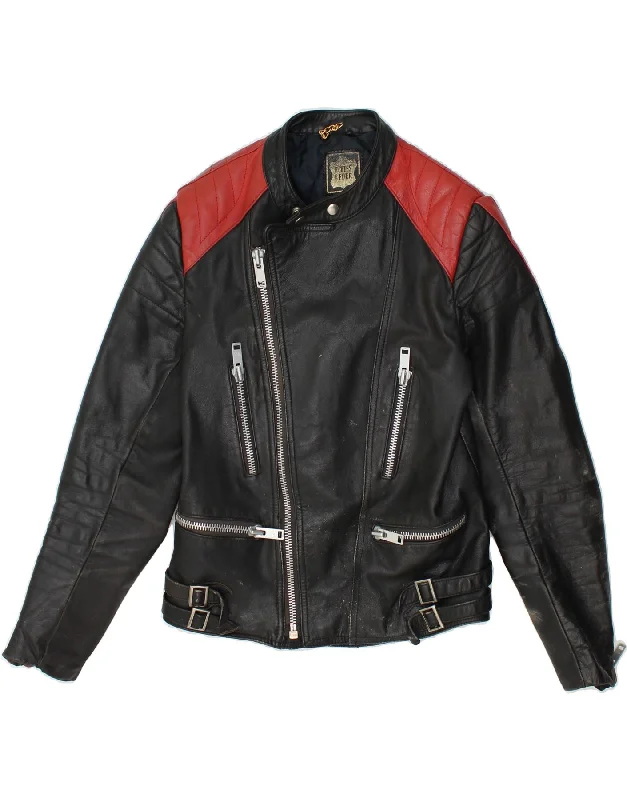 VINTAGE Womens Leather Racer Jacket UK 10 Small Black Colourblock Leather Zippered Jacket Buttoned Jacket Snapped Jacket