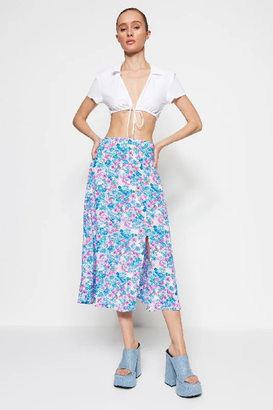 Indigo-Ecru Midi Woven Slit Detailed Viscose Fabric Floral Patterned Skirt TWOSS20ET0230 modal blend skirt