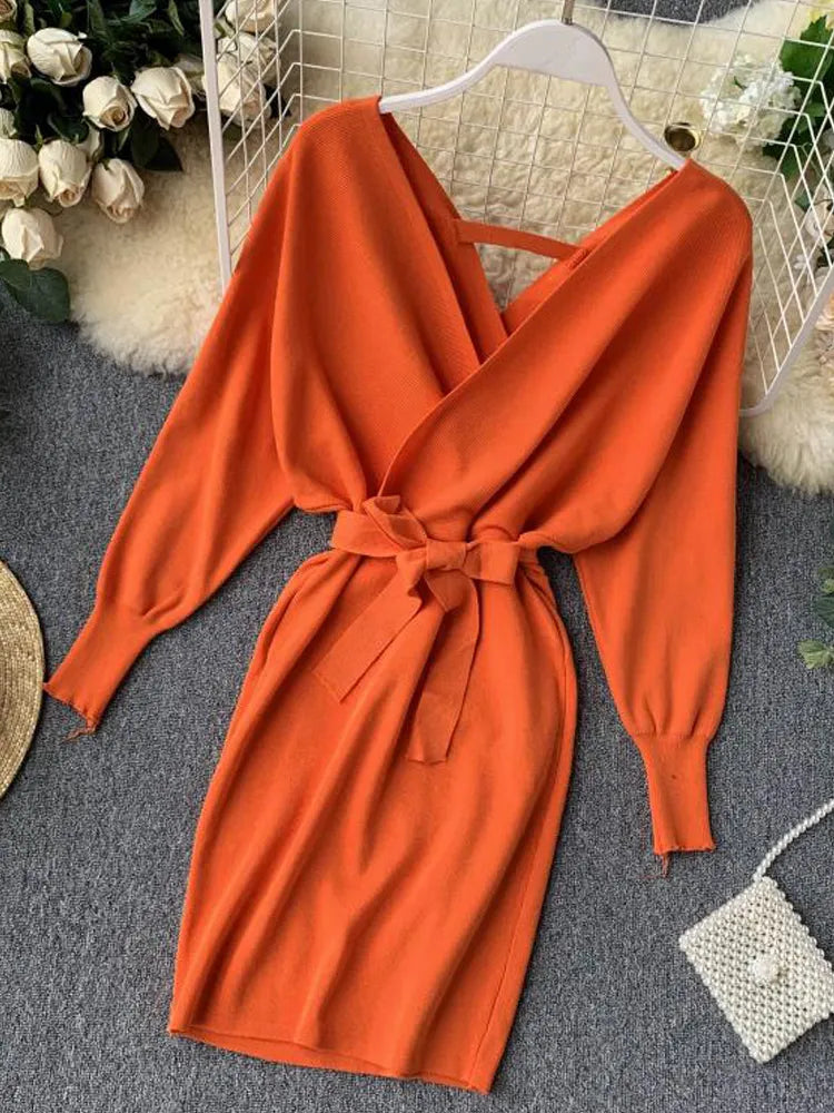YuooMuoo Autumn Winter Women Knitted Sweater Dress 2022 New Korean Long Batwing Sleeve V Neck Elegant Dress Ladies Bandage Dress Beaded Sweater Sequined Faux Fur YuooMuoo Autumn Winter Women Knitted Sweater Dress 2022 New Korean Long Batwing Sleeve V Neck Elegant Dress Ladies Bandage Dress Beaded Sweater Sequined Faux Fur