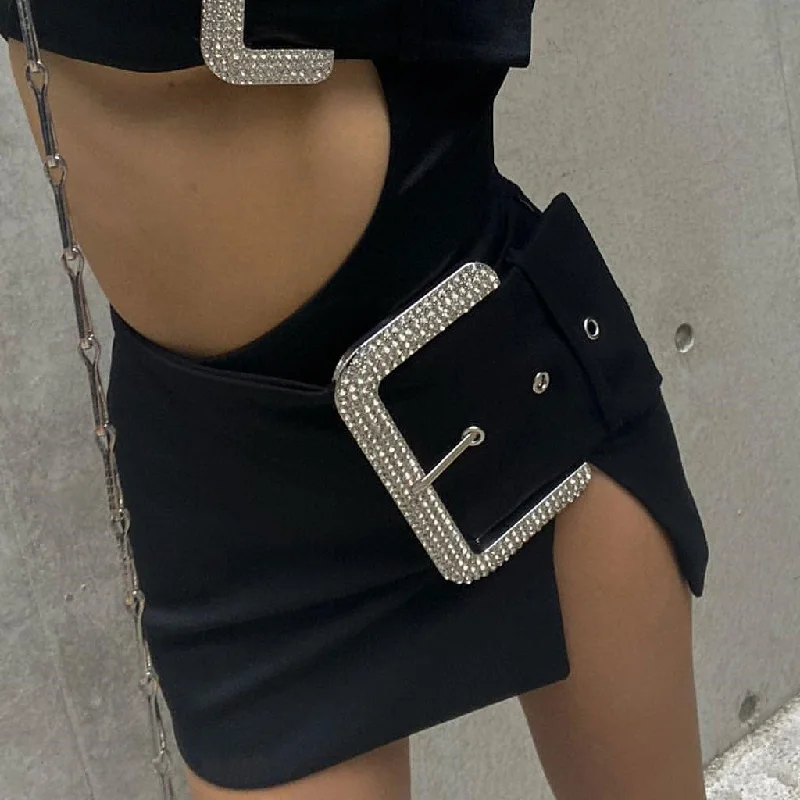 Shimmering Crystal Buckle Detail Low Rise Slit Mini Skirt - Black wrap skirt elegant